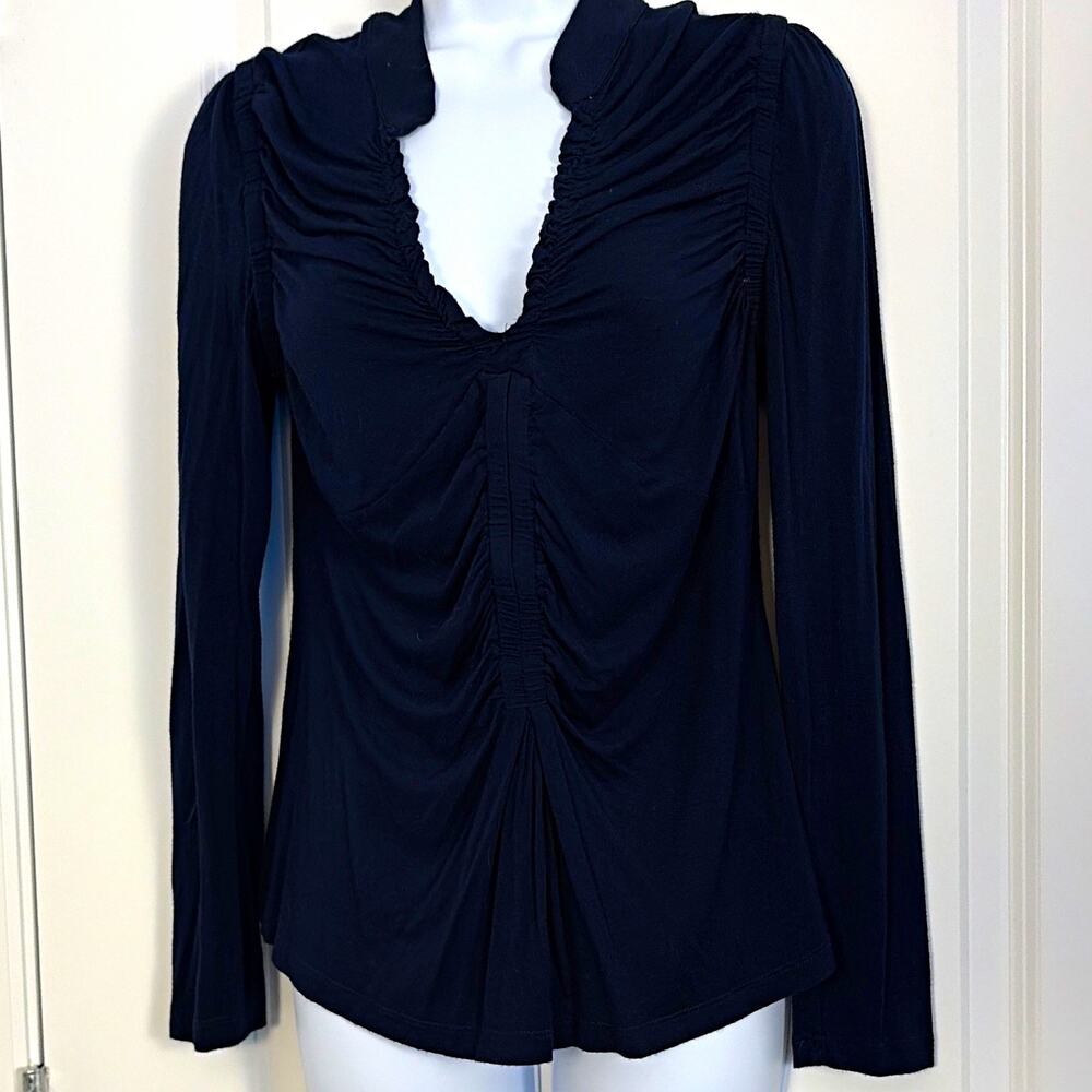 Design History Black Ruched V-Neck Long Sleeve Knit Stretch Top Size L